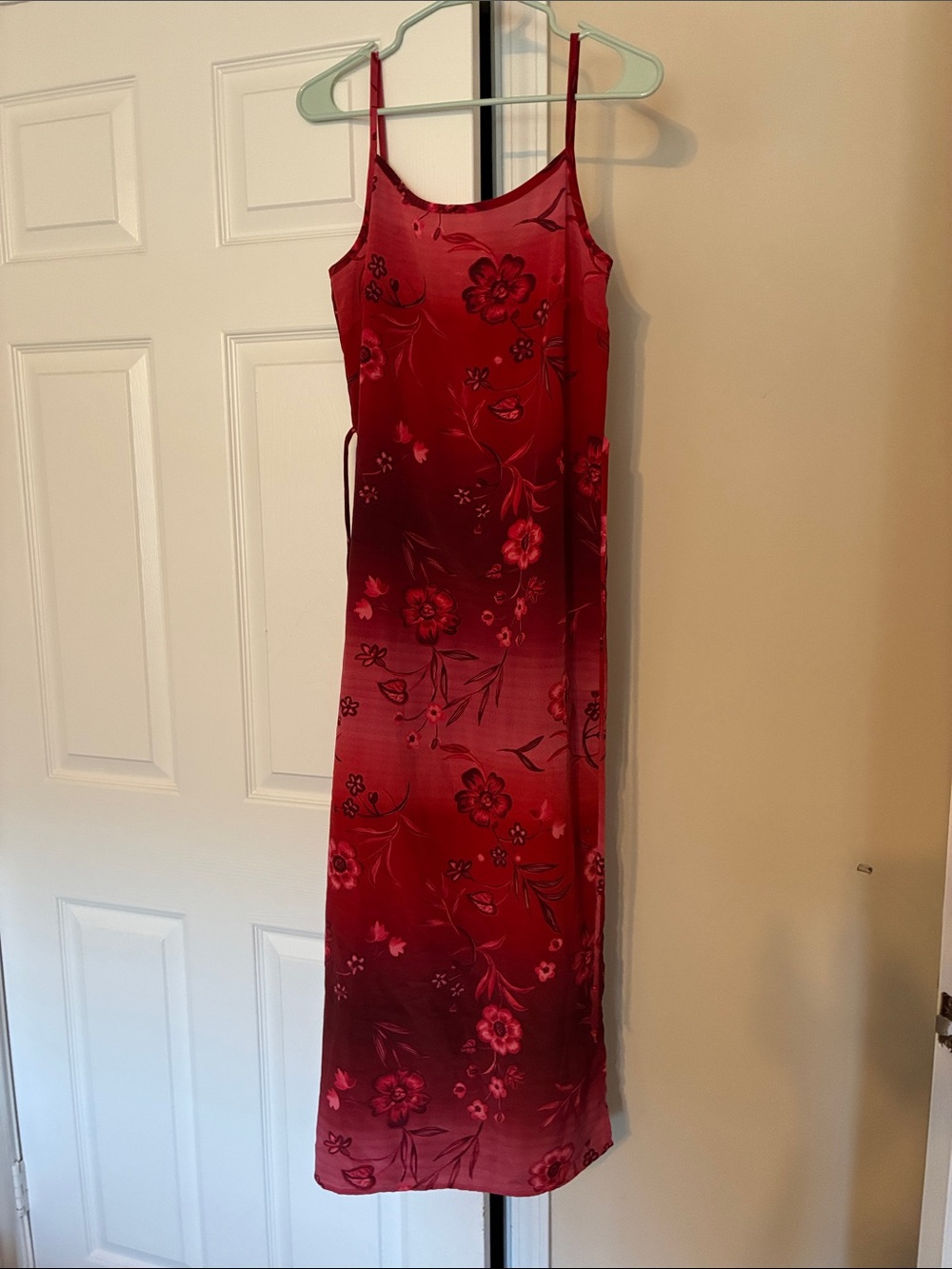 Red Floral Midi Slip Dress with Spaghetti Straps